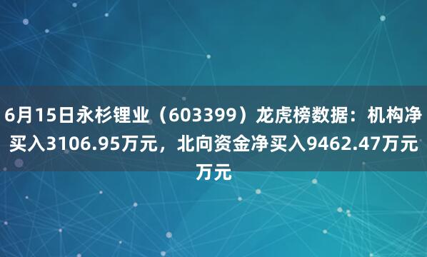 6月15日永杉锂业（603399）龙虎榜数据：机构净买入3106.95万元，北向资金净买入9462.47万元